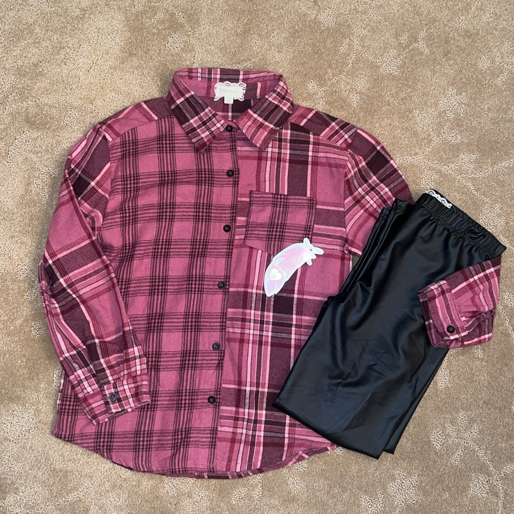 NWT Girls 2 Piece Pink Flannel Shirt & Leggings, Sz 12